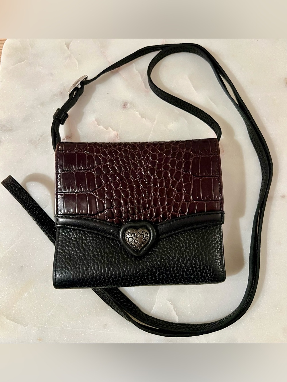 Brighton Bella Luna Black/Brown Croc Embossed Heart Accent Crossbody Bag, Snap